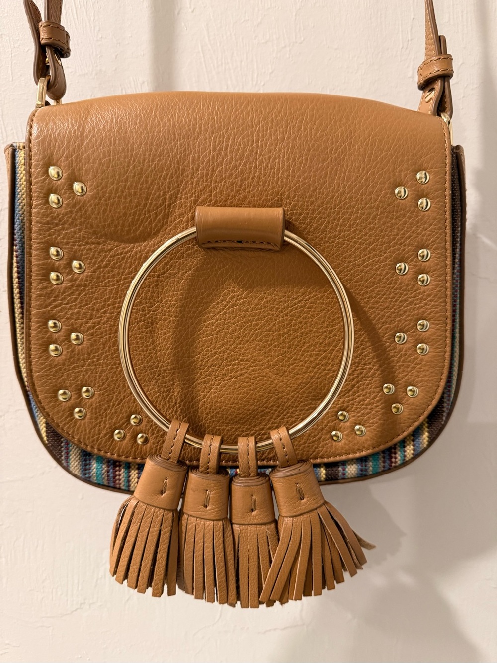 THACKER Anthropologie Nadia Crossbody Bag Brown Studded Tassel Boho Leather